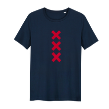 Afbeelding in Gallery-weergave laden, XXX Amsterdam Navy (Red) T-shirt - Loenatix Organic Cotton Fairtrade T-shirt Amsterdam T-shirt color Navy with 3 Velvet Red Amsterdam Crosses

