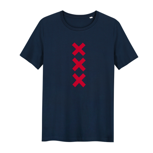 XXX Amsterdam Navy (Red) T-shirt - Loenatix Organic Cotton Fairtrade T-shirt Amsterdam T-shirt color Navy with 3 Velvet Red Amsterdam Crosses