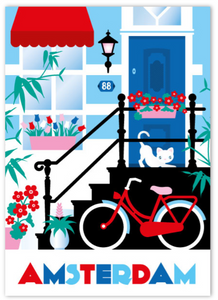Postcard Amsterdam Canal House Steps Cat Bike Tulips Keizersgracht